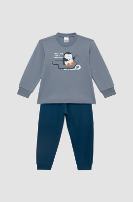 Πυζάμα βρεφική  χειμερινή με τύπωμα Penguin, Bαμβακερή 100%