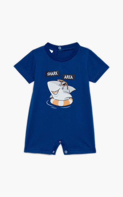 Βρεφικά φορμάκια. Φορμάκι τύπωμα Shark Area, κοντό μανίκι, ψιλή πλέξη υφάσματος, βαμβακερό 100%