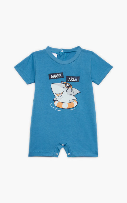 Βρεφικά φορμάκια. Φορμάκι τύπωμα Shark Area, κοντό μανίκι, ψιλή πλέξη υφάσματος, βαμβακερό 100%