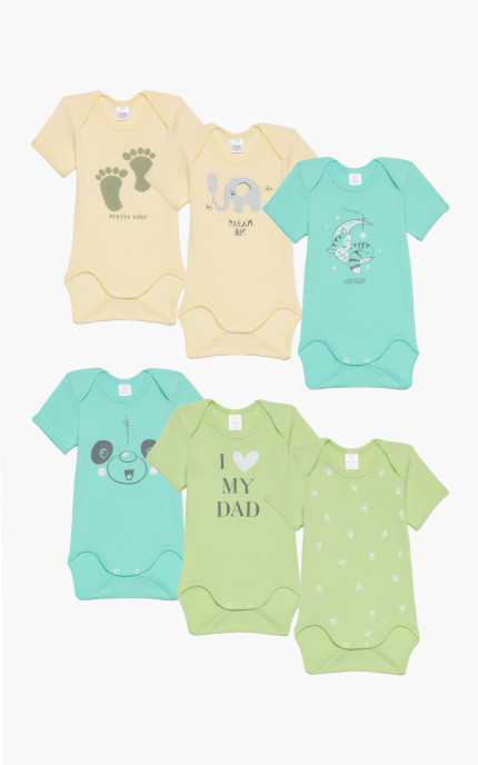 Βρεφικά εσώρουχα Good Night. Συσκευασια 6 χρωματιστά Κορμακια Unisex κοντό μανίκι, Βαμβακερα 100%