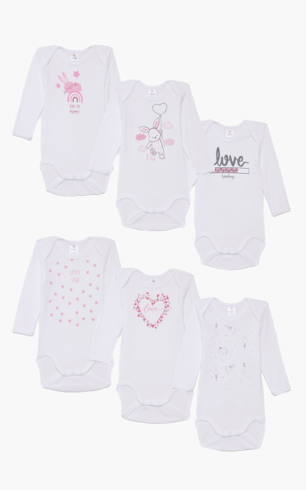 Βρεφικά εσώρουχα. Συσκευασία 6 τεμαχίων.βρεφικά  κορμάκια μακρύ μανίκι Love, Βαμβακερά 100%