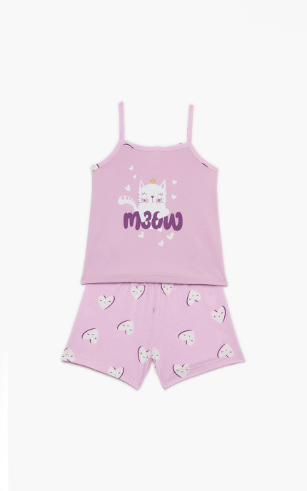 Παιδικές πυζάμες. Παιδικό σετ 2 τεμαχίων Γάτα, ψιλή πλέξη υφάσματος, βαμβακερό 100%