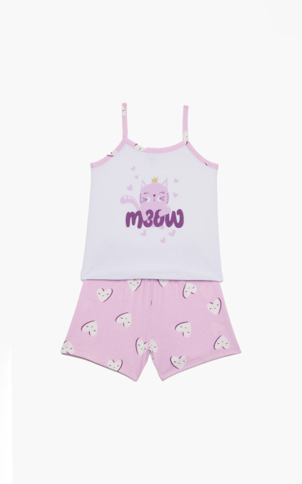 Παιδικές πυζάμες. Παιδικό σετ 2 τεμαχίων Γάτα, ψιλή πλέξη υφάσματος, βαμβακερό 100%