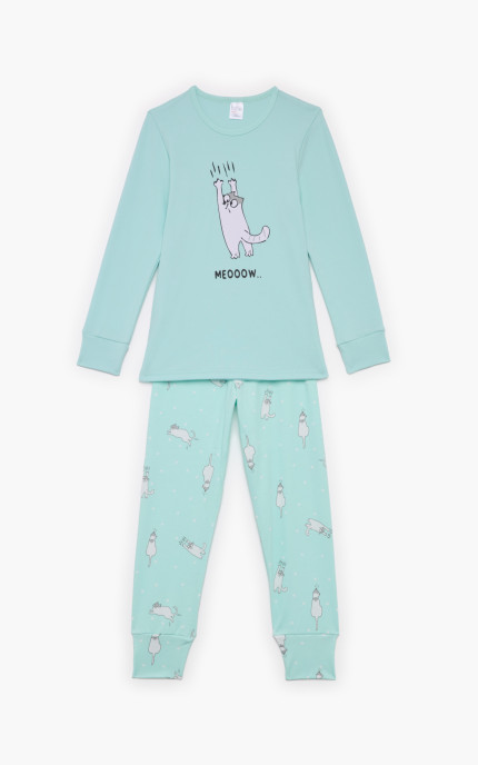 Παιδικές πυζάμες. Πυζάμα παιδική χειμερινή με τύπωμα Γάτα, Bαμβακερή 100%