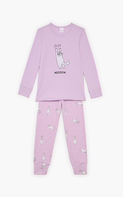 Παιδικές πυζάμες. Πυζάμα παιδική χειμερινή με τύπωμα Γάτα, Bαμβακερή 100%